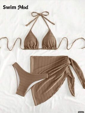 Women’s Textured Taupe 3-Piece Bikini Set with Sarong